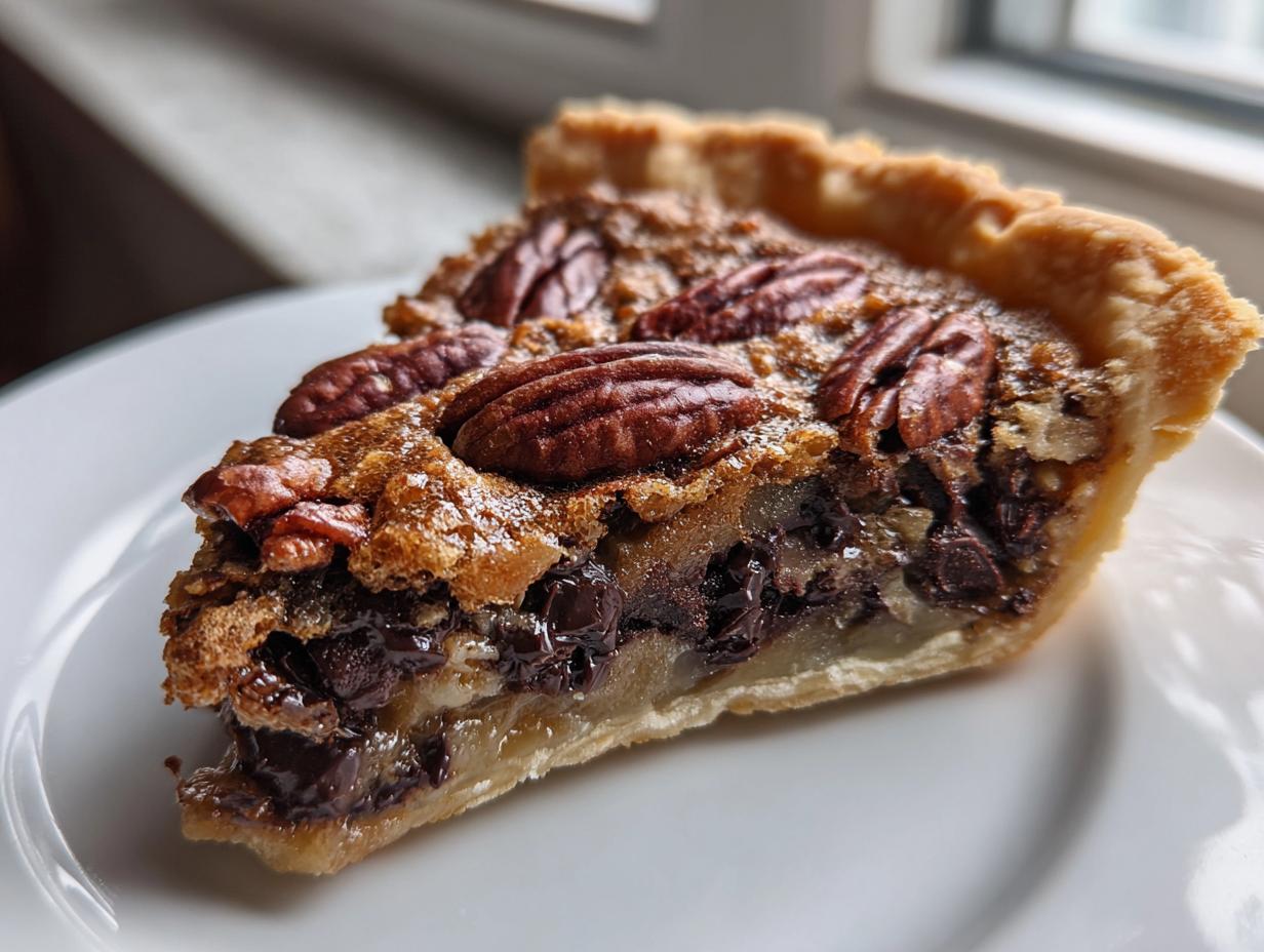 A close-up slice of rich chocolate bourbon pecan pie showing melted chocolate chips and whole pecans on top.