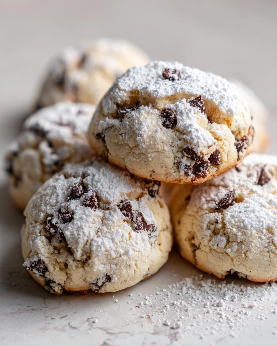 A close-up stack of soft, chewy cannoli cookies loaded with chocolate chips and heavily dusted with powdered sugar.