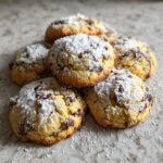 A close-up stack of golden brown cannoli cookies filled with chocolate chips and heavily dusted with powdered sugar.