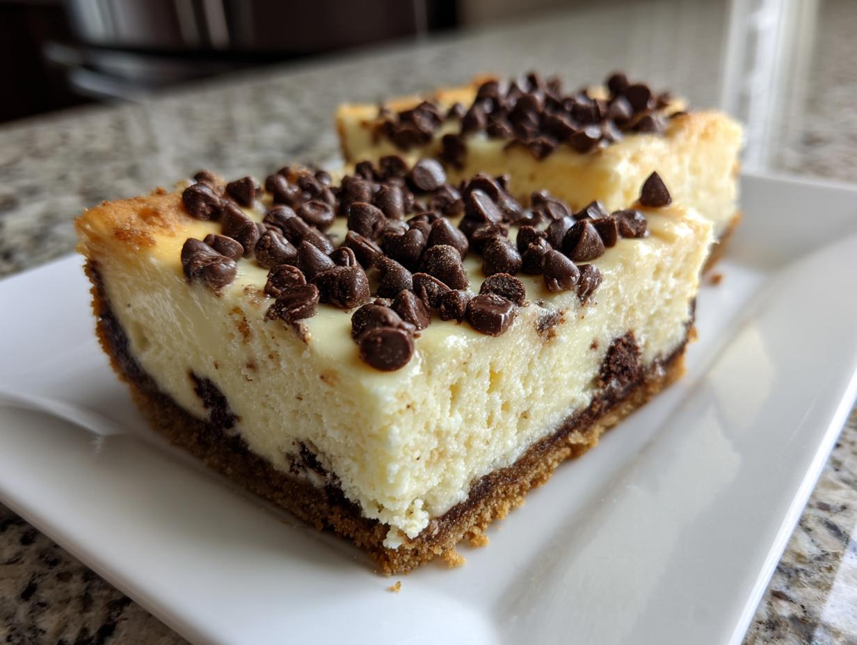 Close-up of a rich chocolate chip cheesecake slice on a white plate, topped with mini chocolate chips.