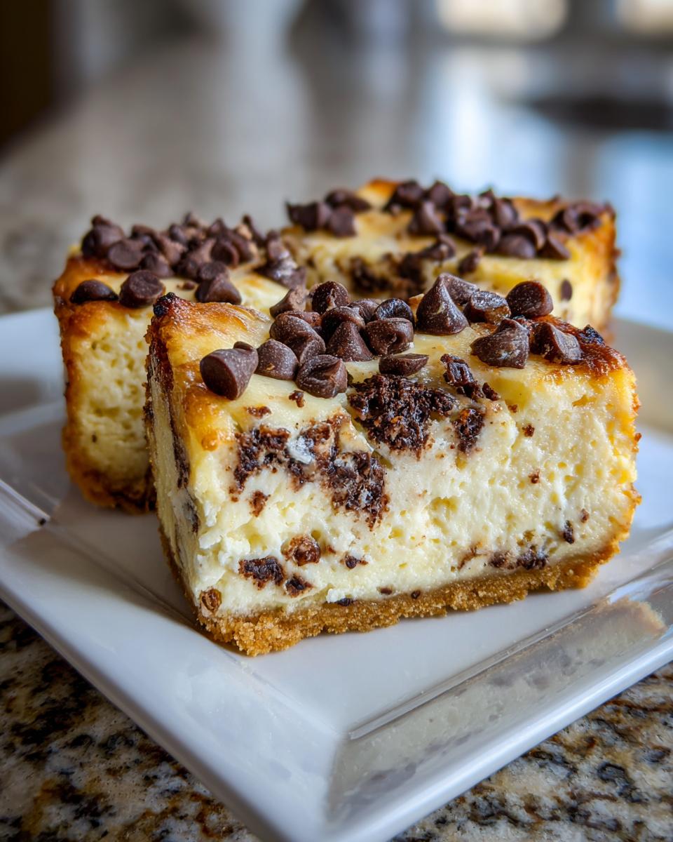 Close-up of two rich slices of chocolate chip cheesecake on a white plate, topped with semi-sweet chocolate chips.