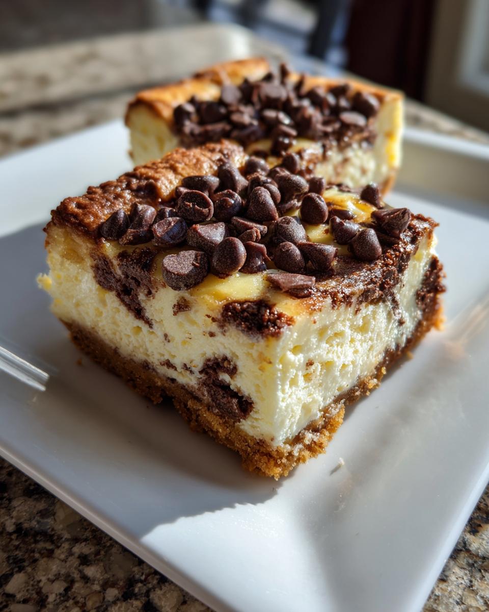 Two rich slices of chocolate chip cheesecake bars with a graham cracker crust, topped generously with chocolate chips.