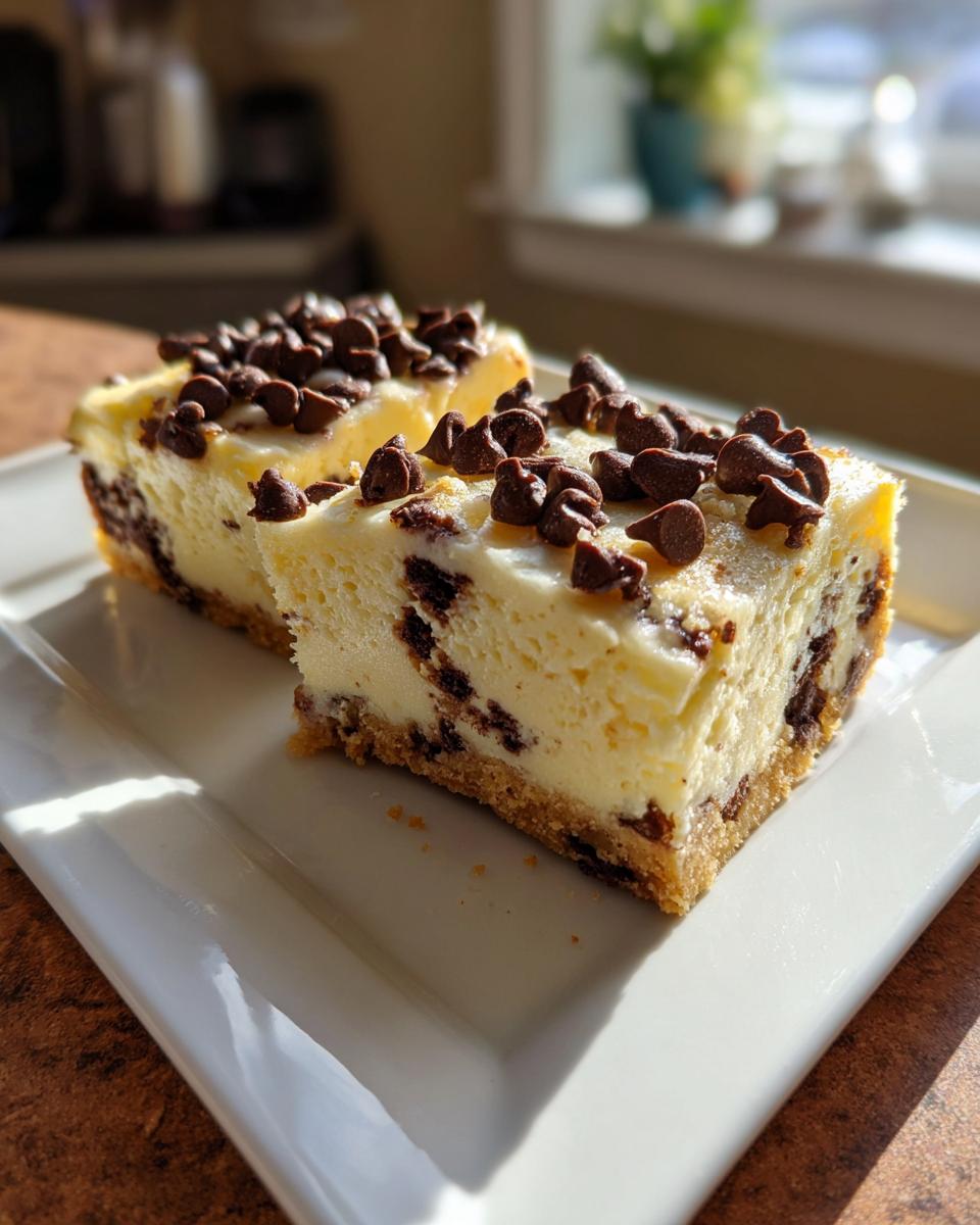 Two rich slices of chocolate chip cheesecake bars on a white plate, topped with mini chocolate chips.