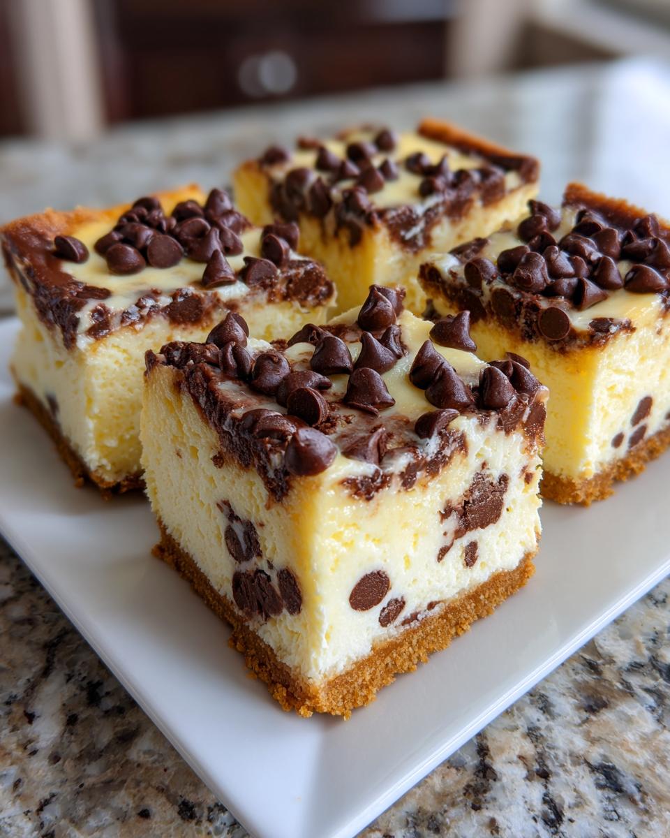 Four square slices of rich chocolate chip cheesecake bars with a graham cracker crust, topped with melted chocolate and chips.