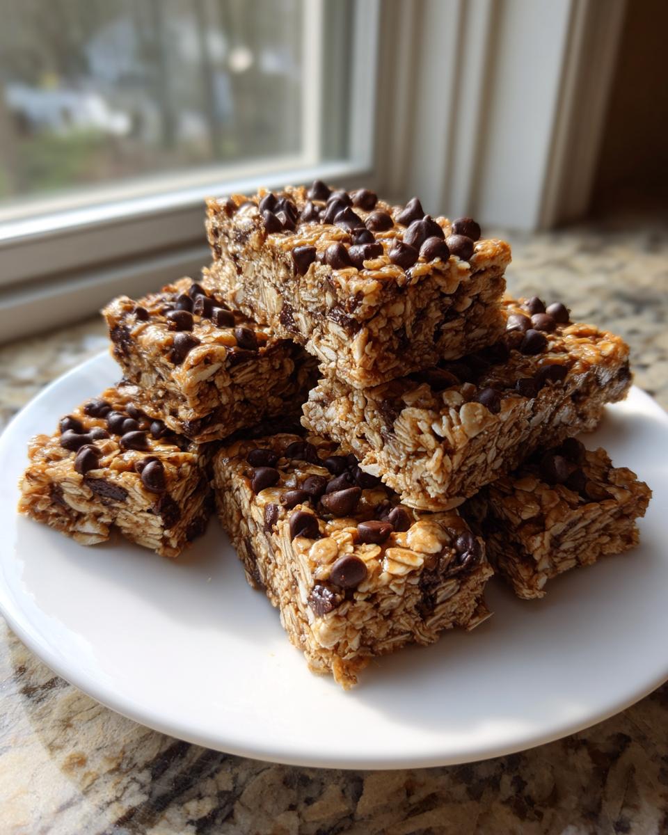 A stack of homemade no bake granola bars loaded with oats and topped with mini chocolate chips on a white plate.
