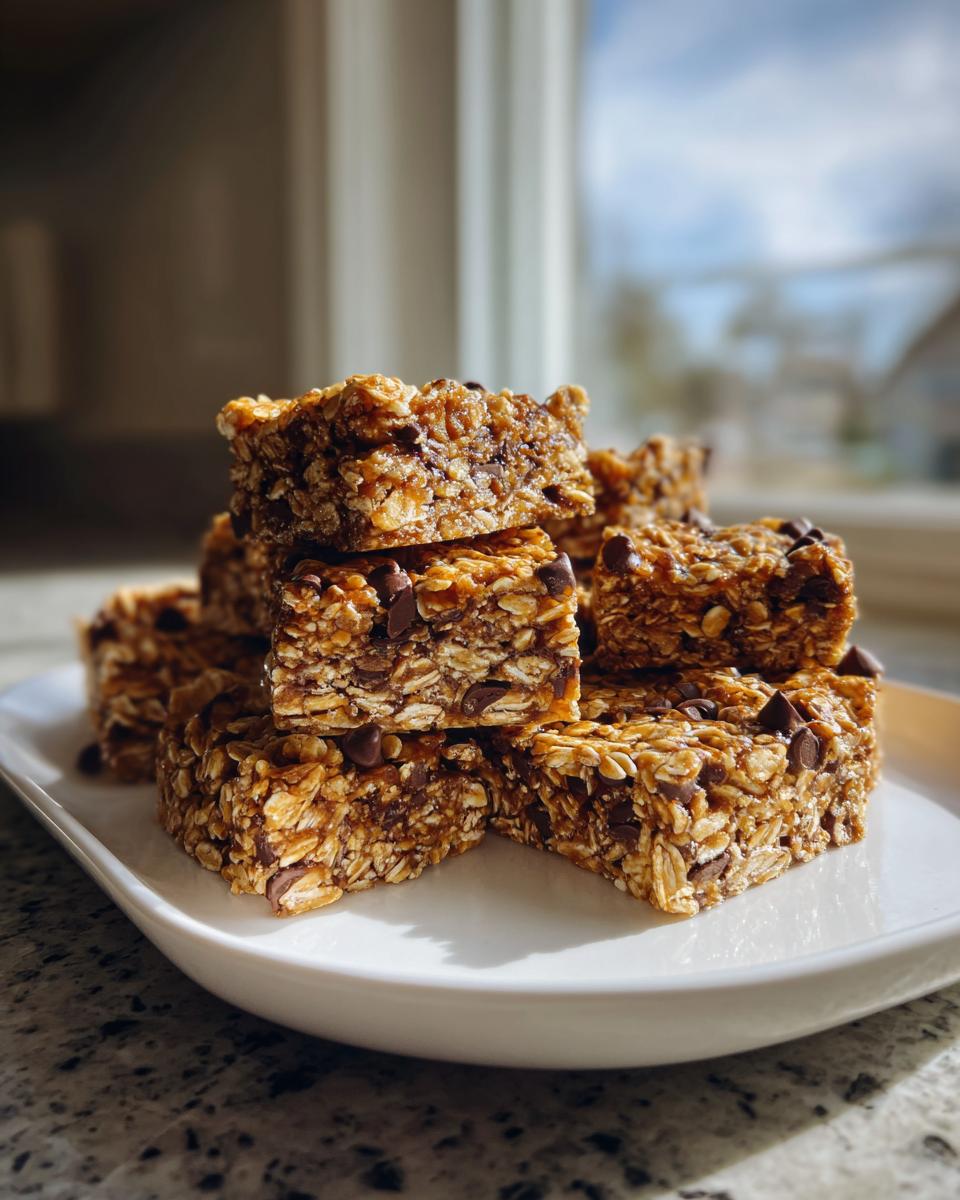 A stack of chewy chocolate chip no bake granola bars resting on a white rectangular plate near a window.