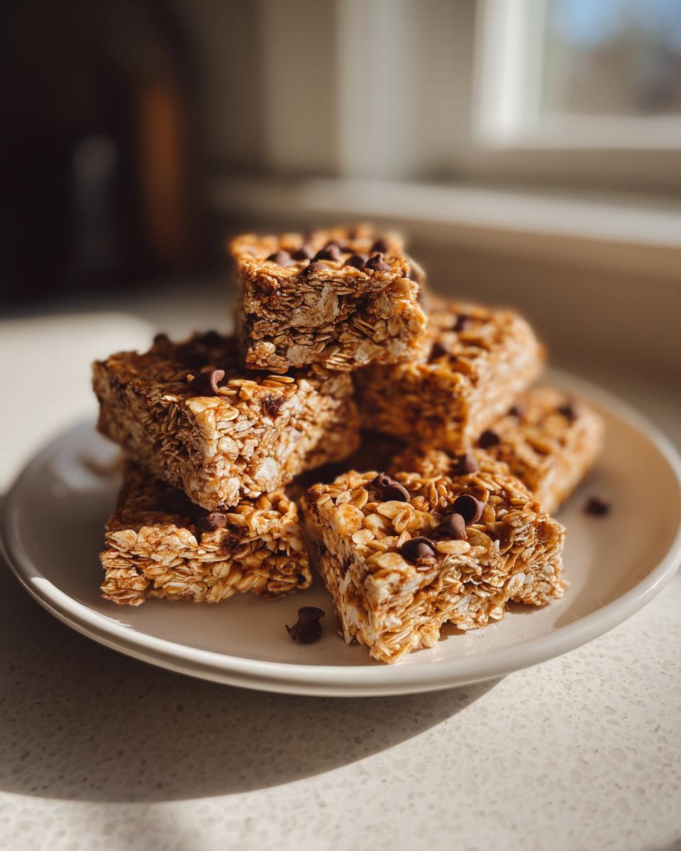 A stack of homemade no bake granola bars, featuring oats and mini chocolate chips, sitting on a white plate.