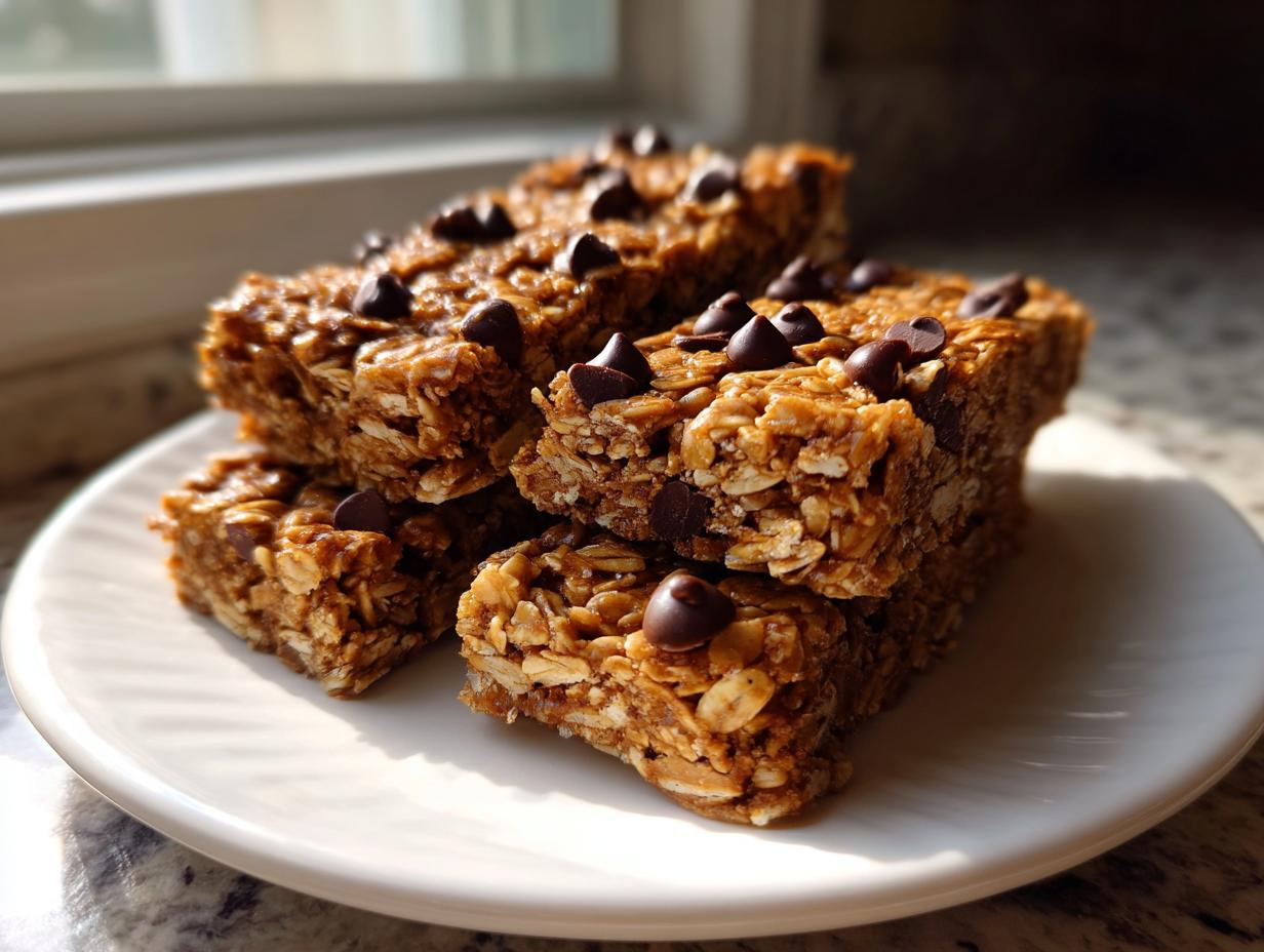 A stack of four homemade no bake granola bars packed with oats and topped with chocolate chips, sitting on a white plate.