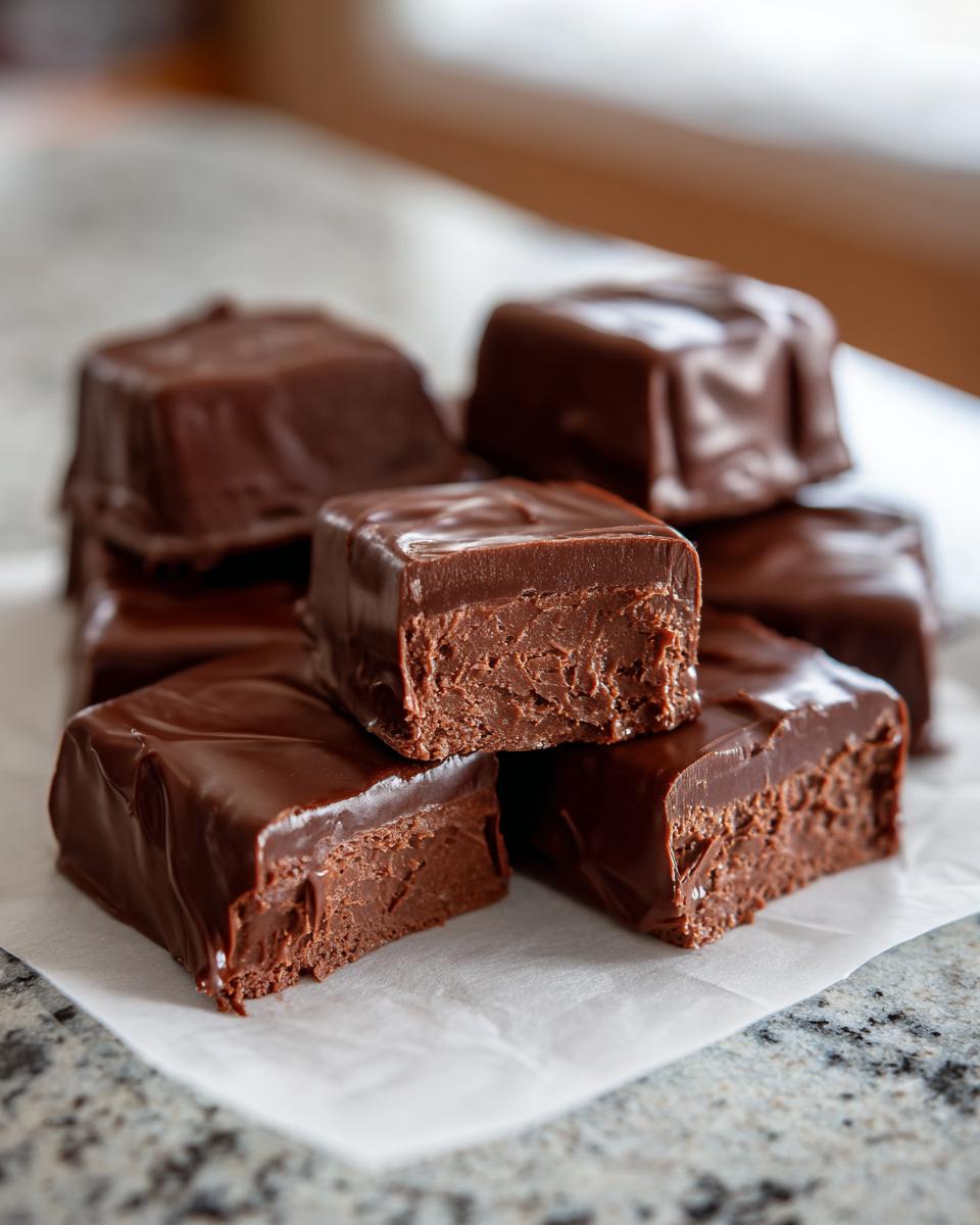Stack of rich, chocolate-covered squares of cool whip candy showing a creamy interior texture.