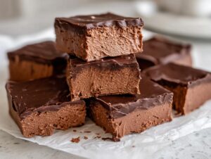 Stack of rich, chocolate Cool Whip candy squares with a thick, glossy chocolate topping.