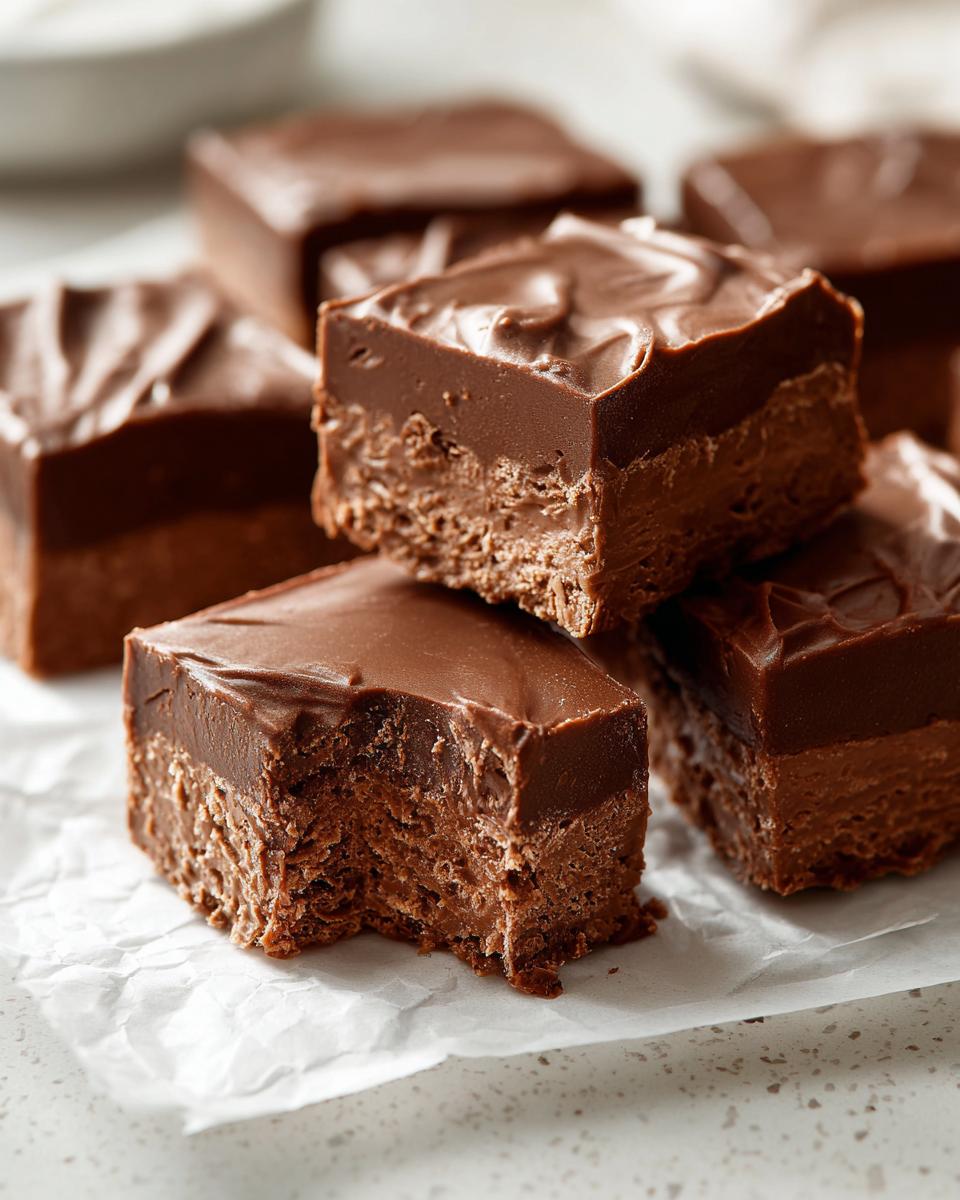 Stack of rich, two-layered chocolate squares, resembling fudge, made with cool whip candy, with one piece showing a bite taken out.