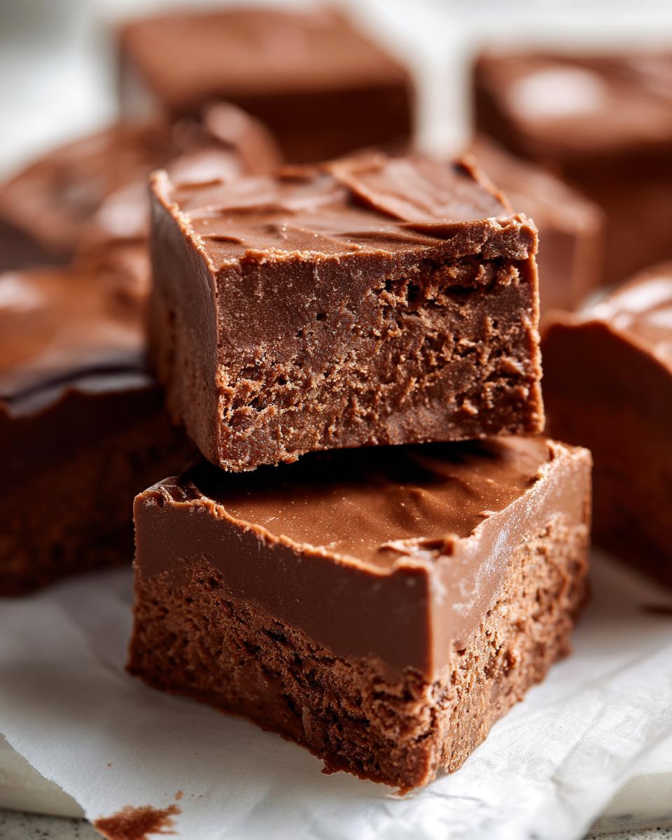 Two stacked squares of rich, dark chocolate Cool Whip candy fudge resting on parchment paper.