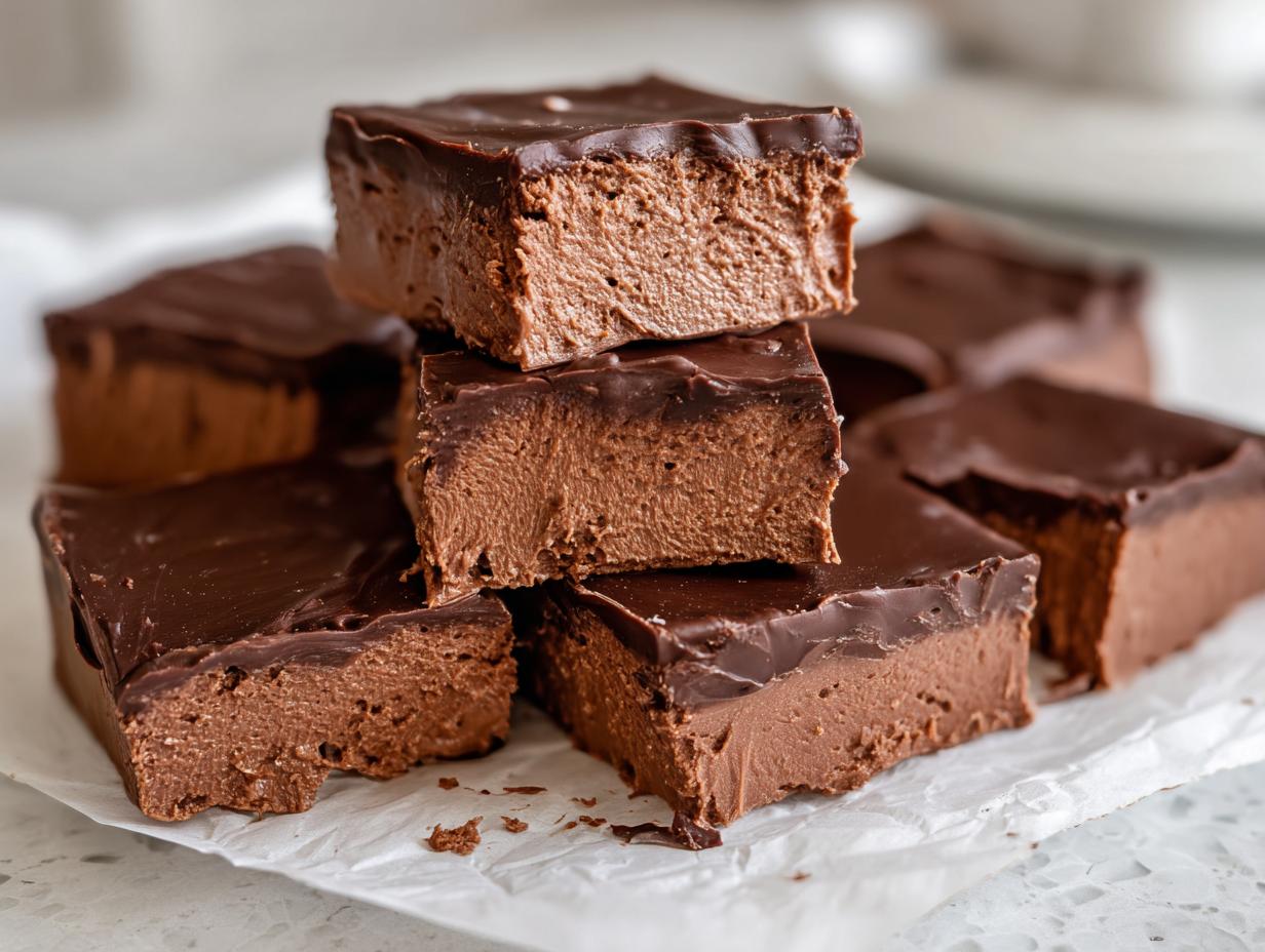 Stack of rich, chocolate Cool Whip candy squares with a thick, glossy chocolate topping.