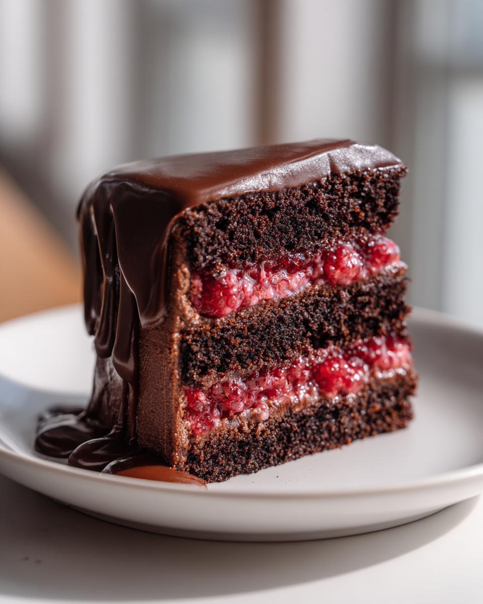 A decadent slice of chocolate raspberry cake featuring dark layers, bright raspberry filling, and a rich chocolate ganache drip.