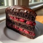 A decadent slice of chocolate raspberry cake featuring dark layers and bright red raspberry filling, topped with chocolate ganache.