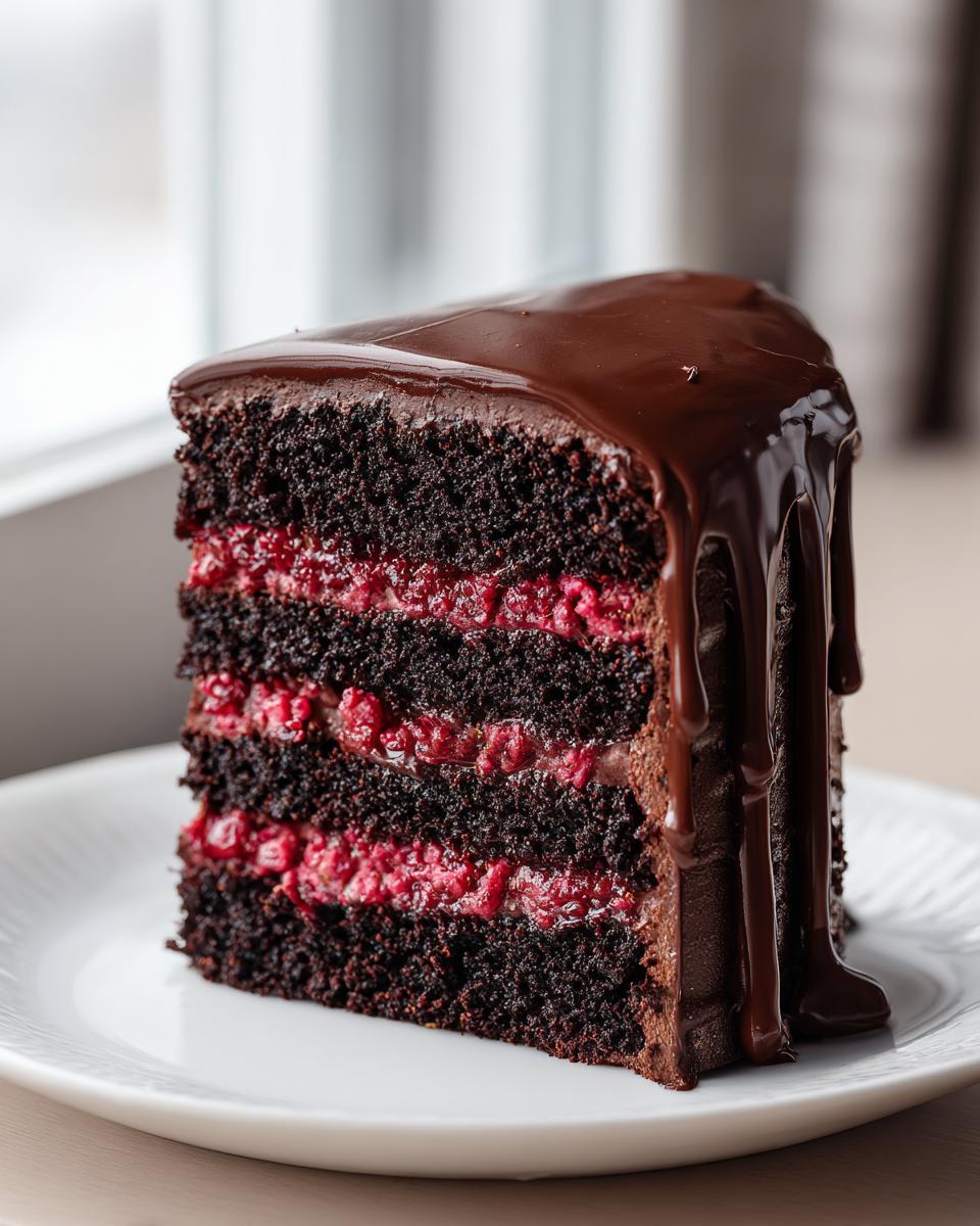 A decadent slice of chocolate raspberry cake featuring dark layers and bright red raspberry filling, topped with dripping chocolate ganache.