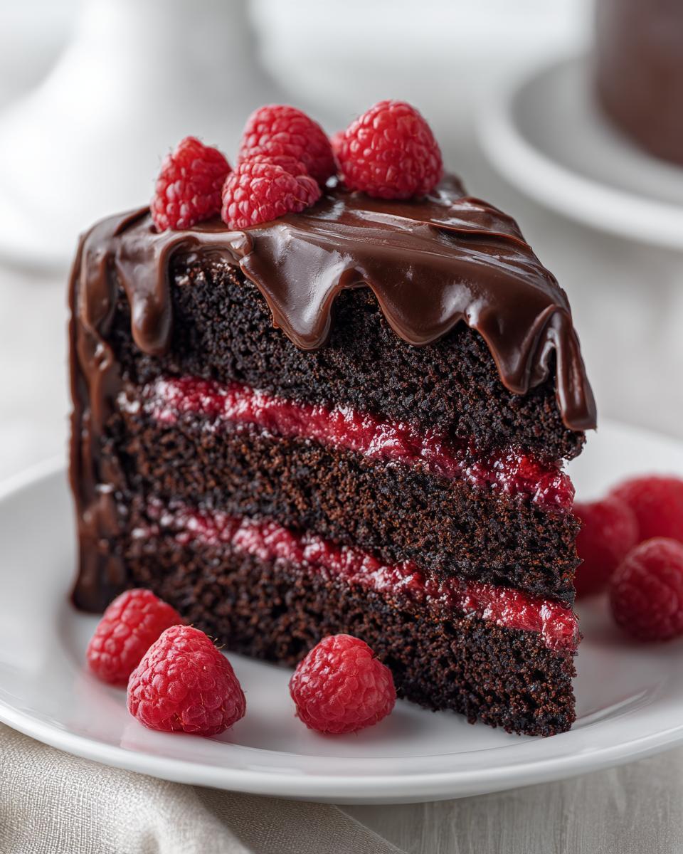 A decadent slice of chocolate raspberry cake featuring dark layers, bright raspberry filling, and a rich chocolate ganache drip, topped with fresh raspberries.