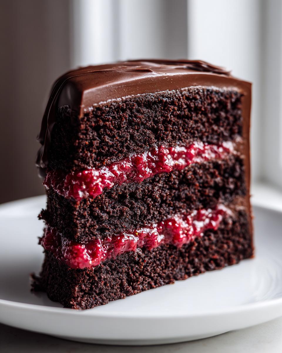 A decadent slice of chocolate raspberry cake showing three dark chocolate layers separated by bright red raspberry filling and topped with chocolate ganache.