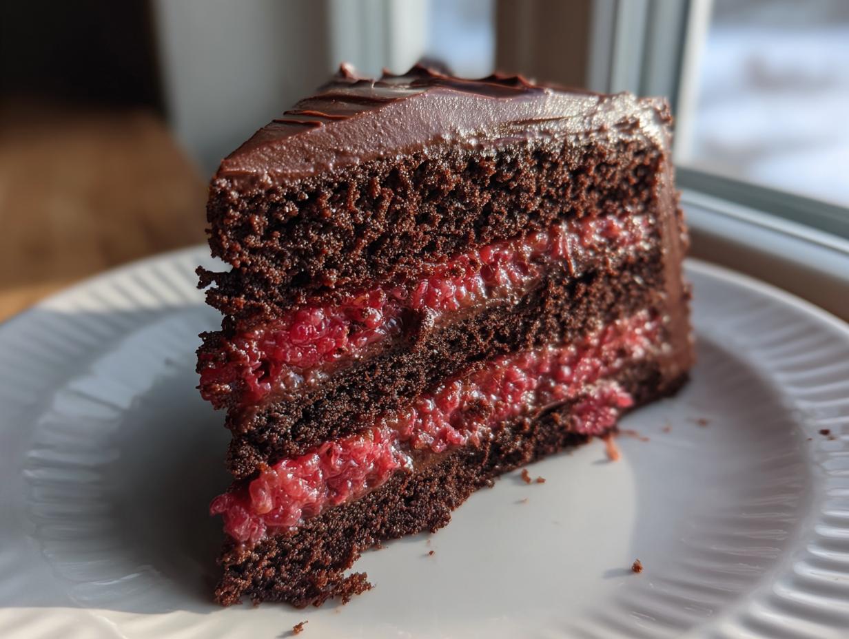 A decadent slice of chocolate raspberry cake showing dark chocolate layers and bright raspberry filling.