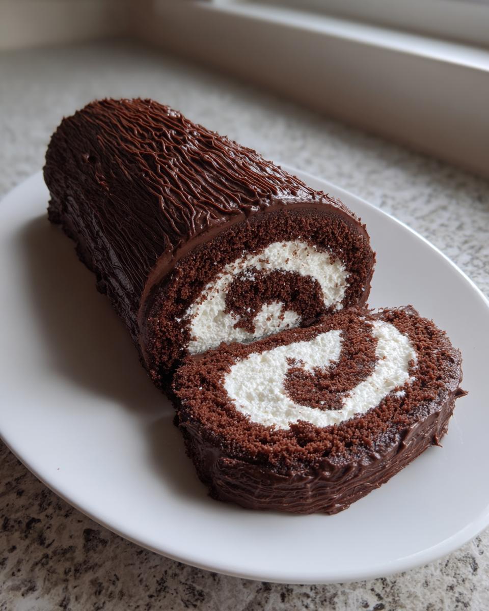 A chocolate yule log cake, partially sliced, revealing a white cream swirl filling.
