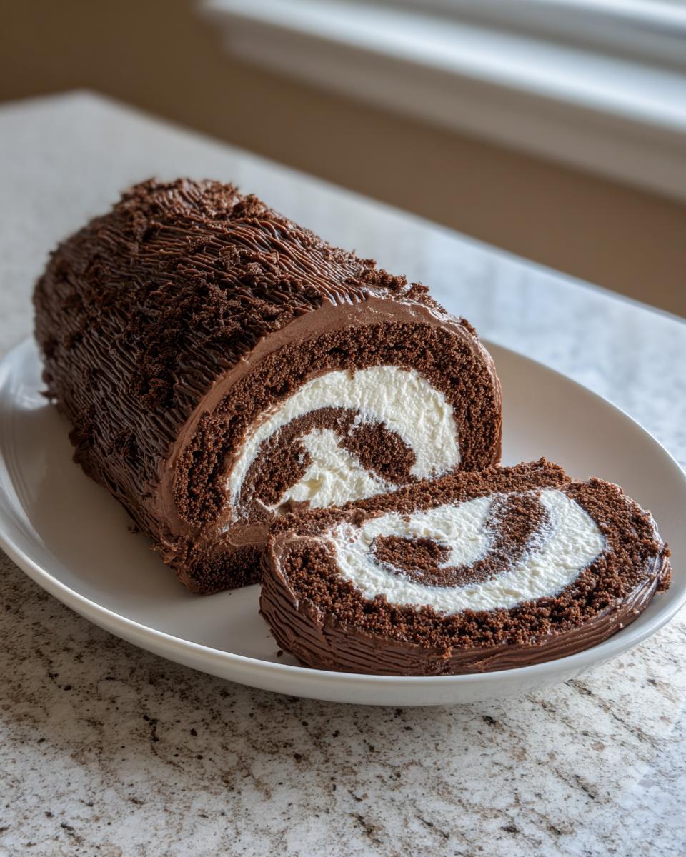 A chocolate yule log cake, partially sliced, showing a white cream swirl filling inside the dark chocolate sponge.