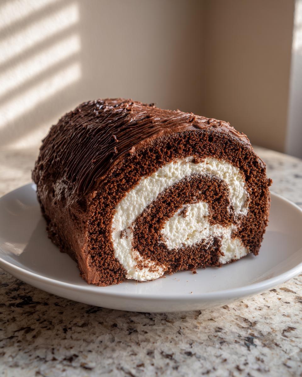 A cross-section slice of a chocolate yule log cake showing a dark chocolate sponge rolled with white cream filling.