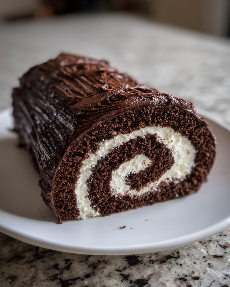 Cross-section view of a rich chocolate yule log cake showing the dark sponge and white cream swirl filling.
