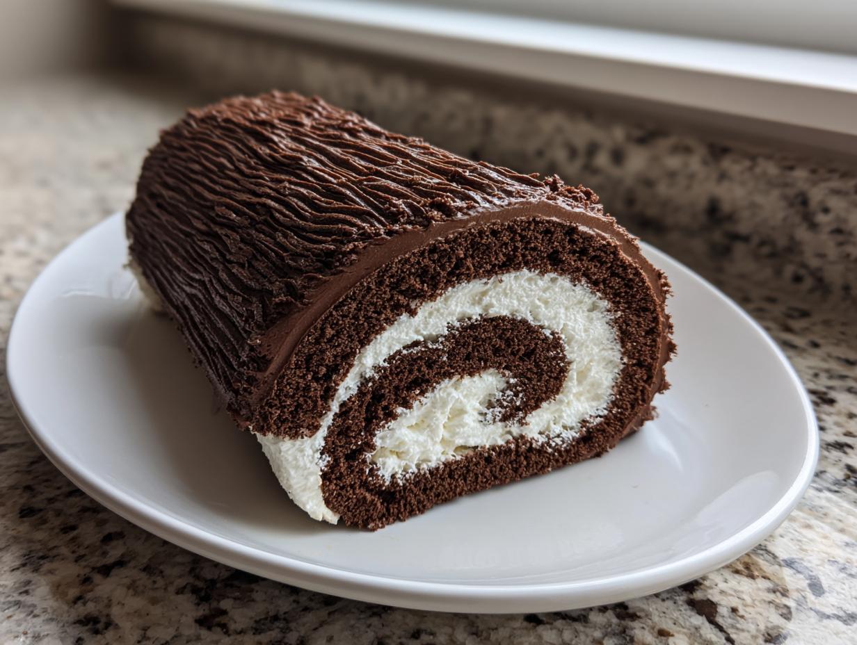 A cross-section slice of a chocolate yule log cake showing a perfect swirl of dark chocolate cake and white cream filling.