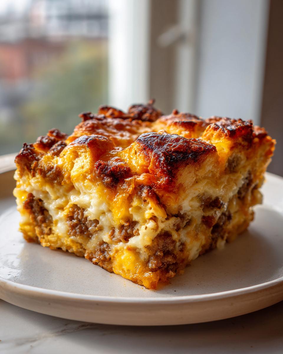 A golden brown, cheesy slice of Christmas breakfast casserole with sausage layers on a light plate.
