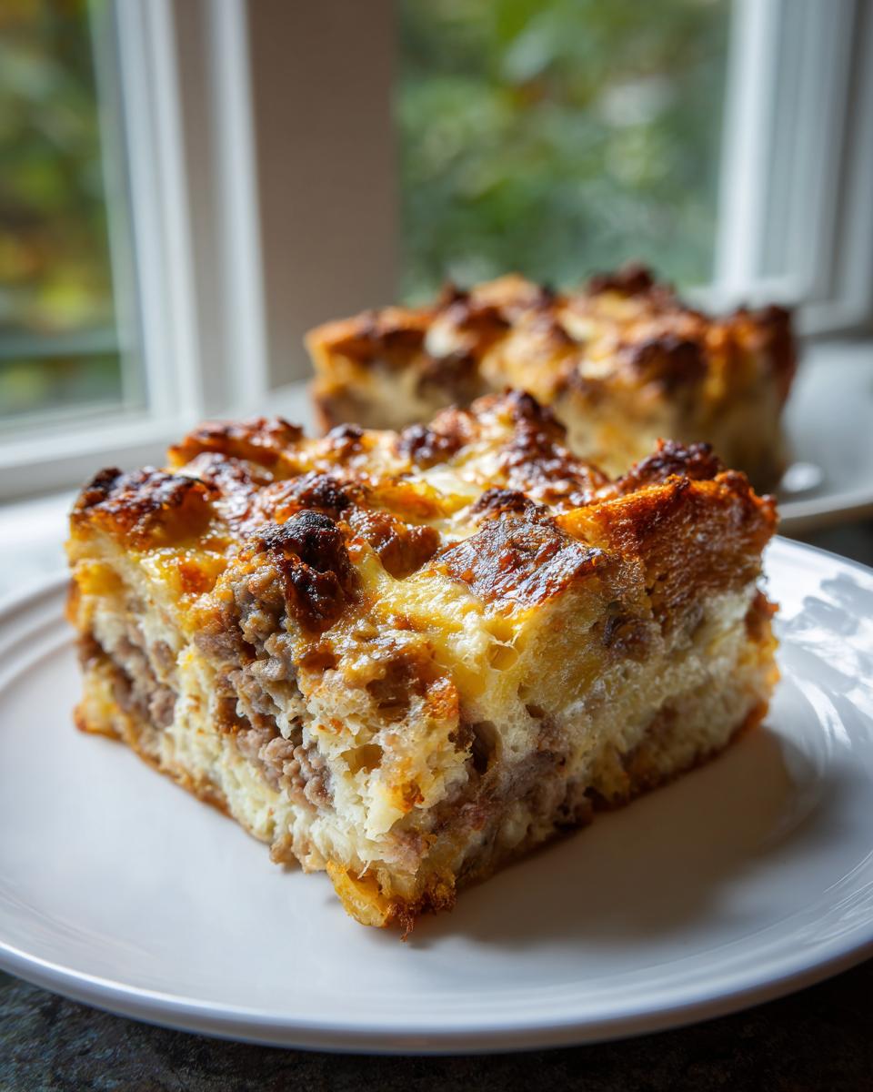 A square slice of savory Christmas breakfast casserole with sausage and baked egg/cheese topping on a white plate.