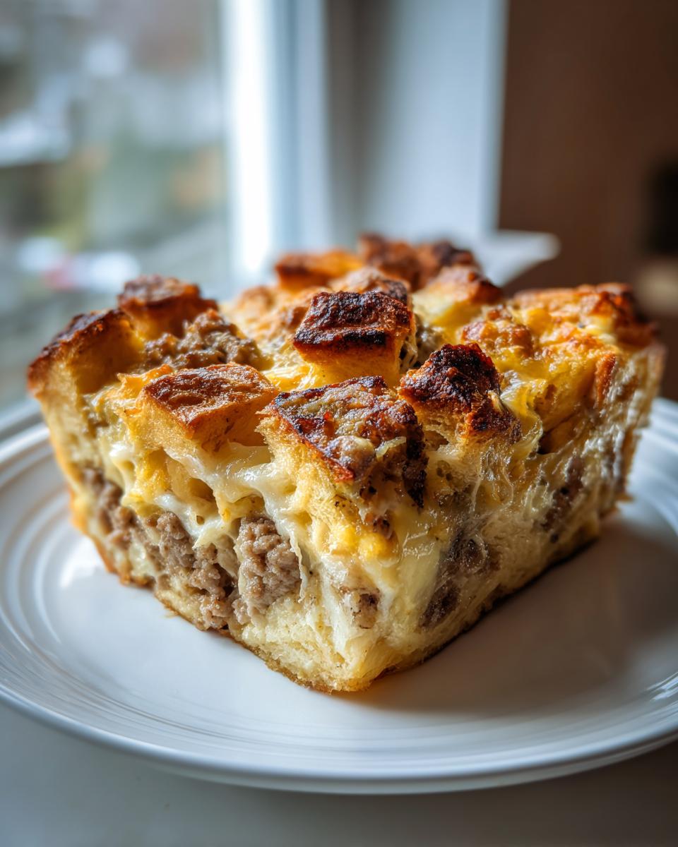 A close-up of a golden brown slice of Christmas breakfast casserole featuring sausage, bread, and melted cheese.
