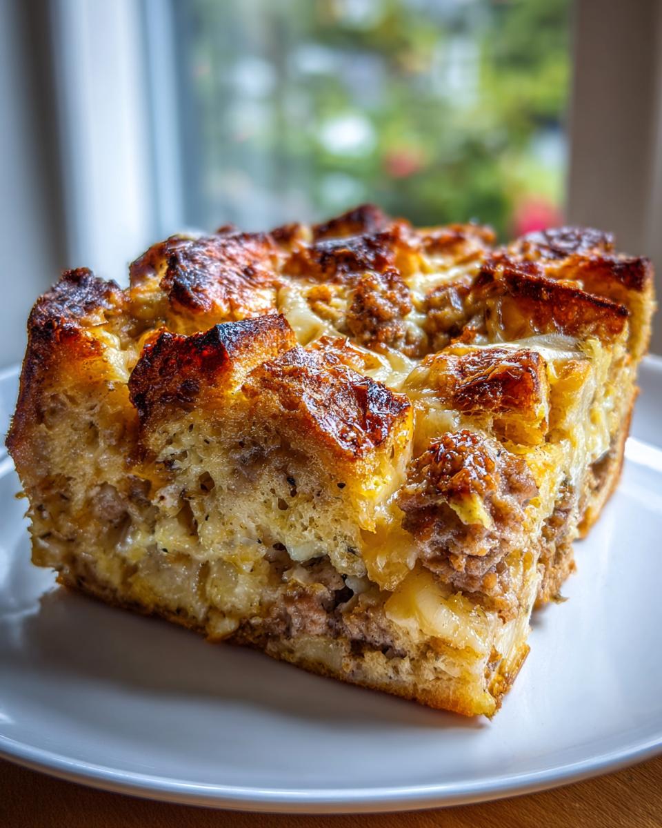 A close-up of a golden-brown slice of Christmas breakfast casserole featuring bread, sausage, and melted cheese.