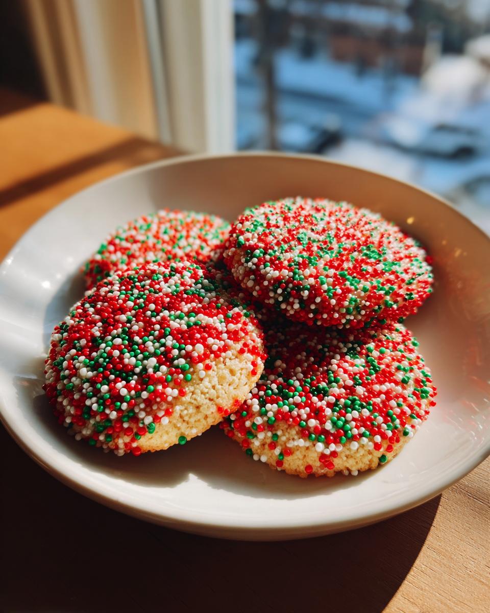 Four round christmas sprinkle cookies covered in red, green, and white nonpareils, sitting in a white bowl.
