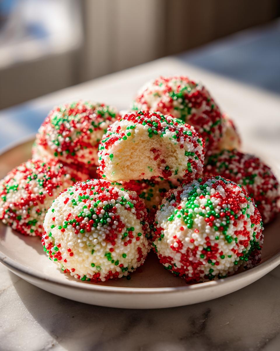 A pile of soft, round Christmas sprinkle cookies coated in red, green, and white nonpareils.