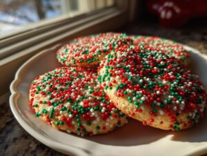 Close-up of three round Christmas sprinkle cookies covered in red, green, and white nonpareils, sitting on a white plate.