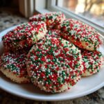 A close-up of several round Christmas sprinkle cookies completely covered in red, green, and white nonpareils, resting on a white plate.