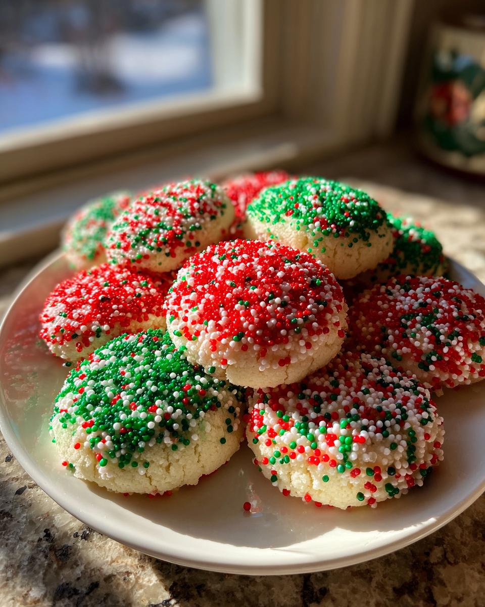 A plate piled high with soft Christmas sprinkle cookies coated in red, green, and white nonpareils.