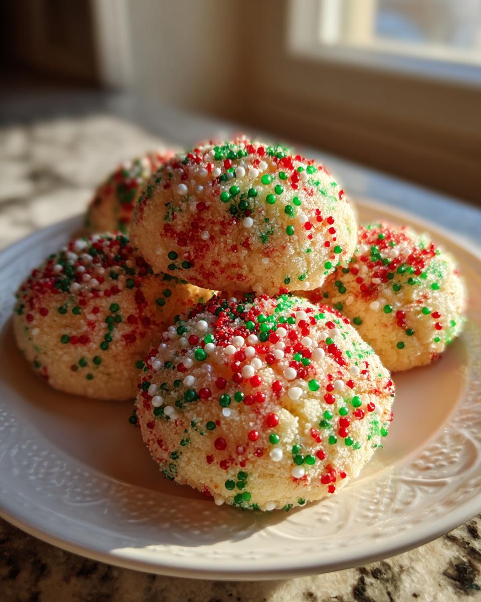 A stack of soft, round Christmas sprinkle cookies coated in red, green, and white nonpareils.
