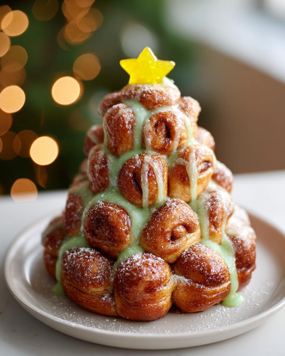A pull-apart bread shaped like a Christmas tree cinnamon rolls, drizzled with green icing and topped with a yellow star.