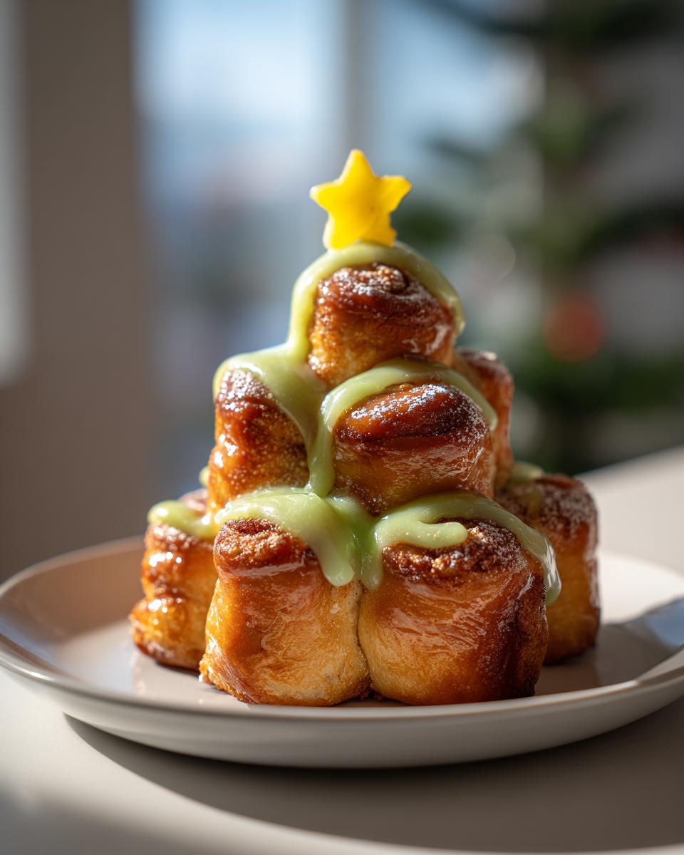 A stack of baked cinnamon rolls assembled into a Christmas tree shape, drizzled with green icing and topped with a yellow star.