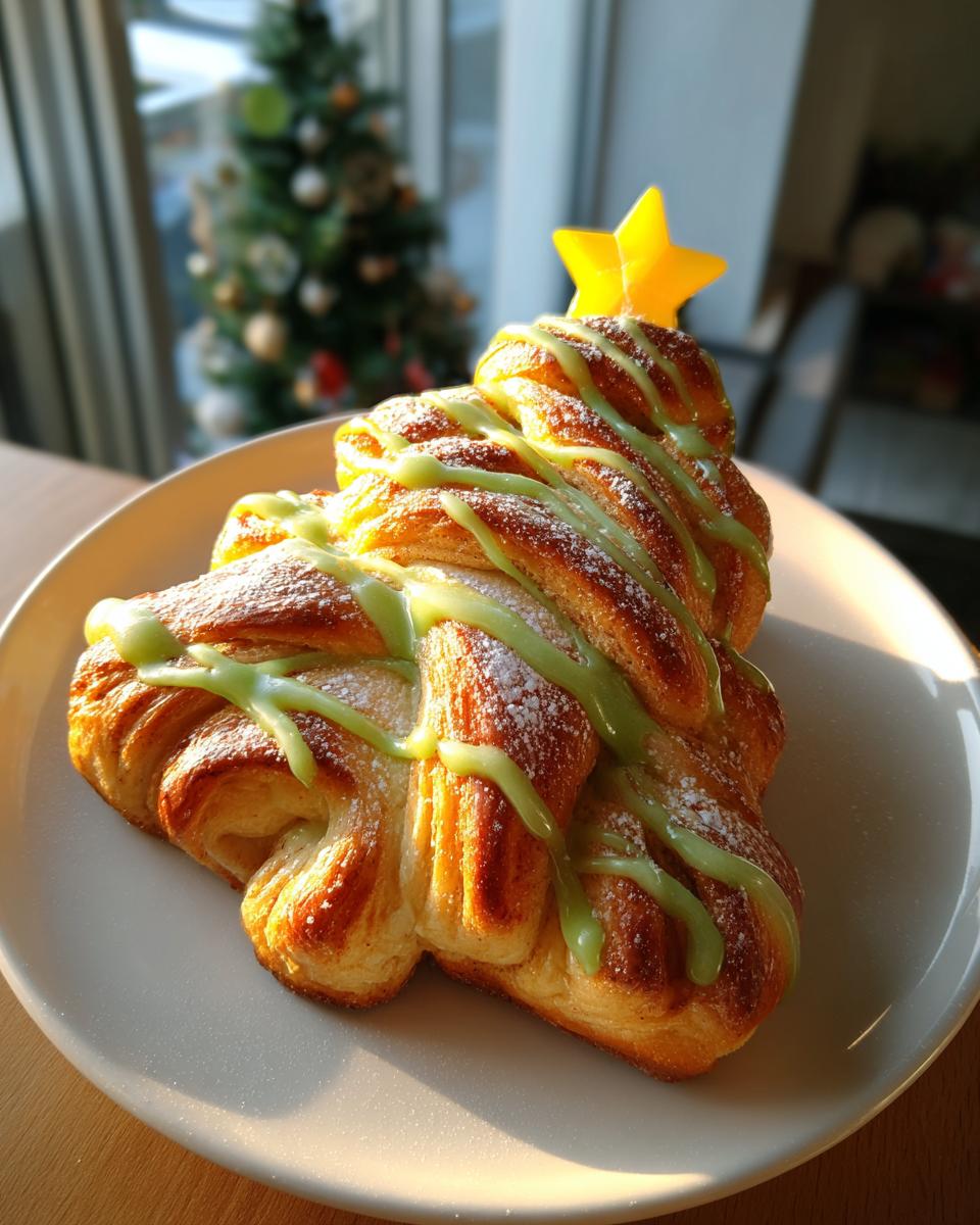 A golden-brown, braided christmas tree cinnamon rolls pastry drizzled with green icing and powdered sugar.