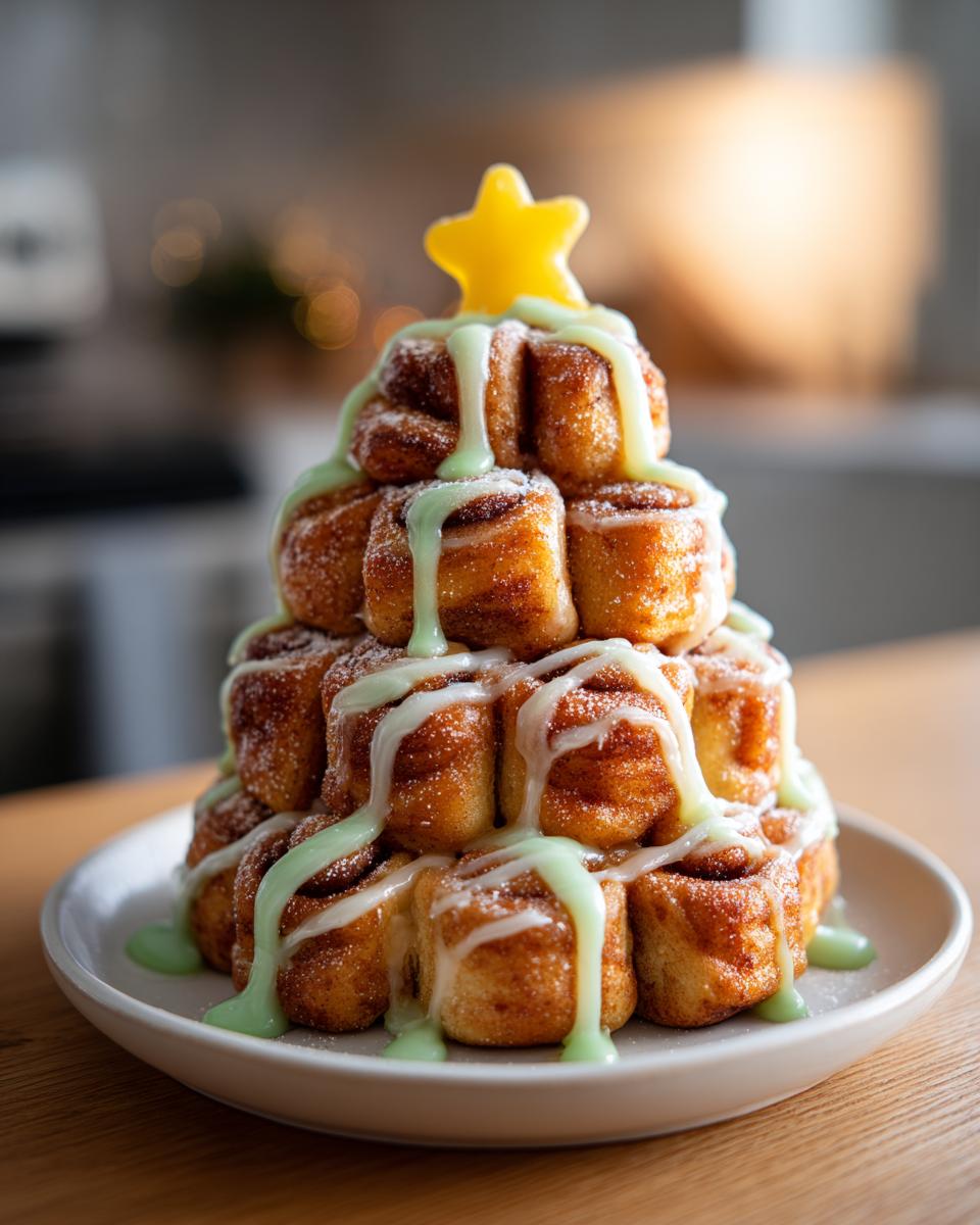 A stack of baked cinnamon rolls arranged in a Christmas tree shape, drizzled with green icing and topped with a yellow star.