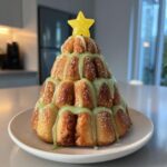 A tiered dessert shaped like a Christmas tree, made from baked rolls, drizzled with green icing, and topped with a yellow star, resembling christmas tree cinnamon rolls.