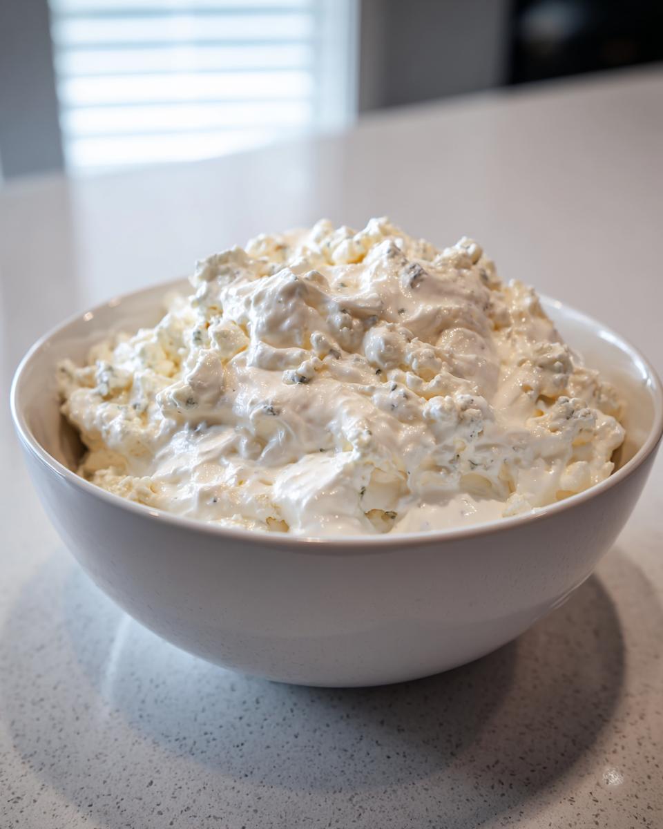 A white bowl overflowing with chunky, creamy blue cheese dip, ready for serving.