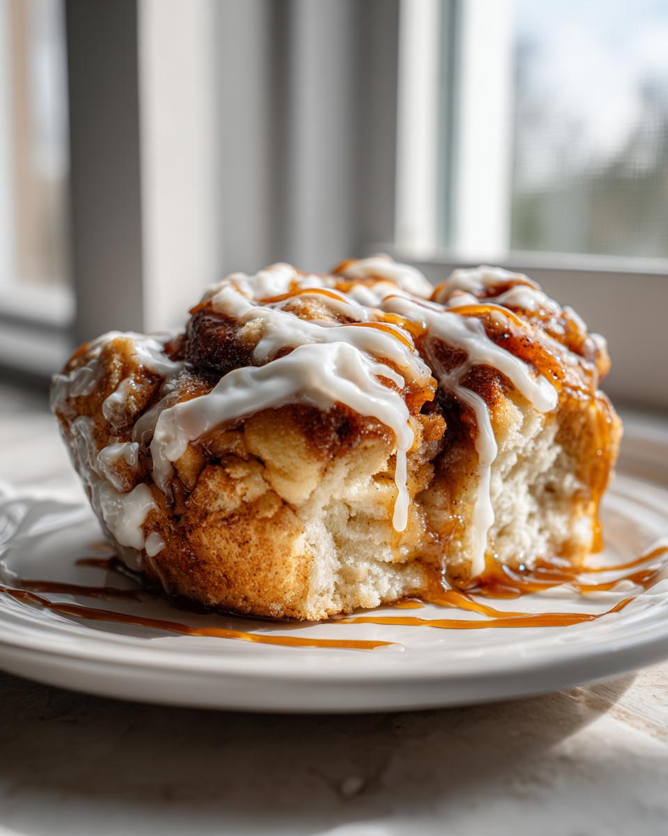 A close-up of a warm, gooey portion of cinnamon roll apple pie topped with white icing and caramel drizzle.