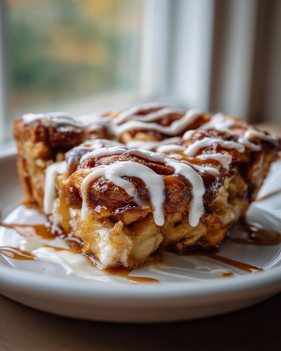 A decadent serving of cinnamon roll apple pie drizzled with white icing and caramel sauce on a white plate.