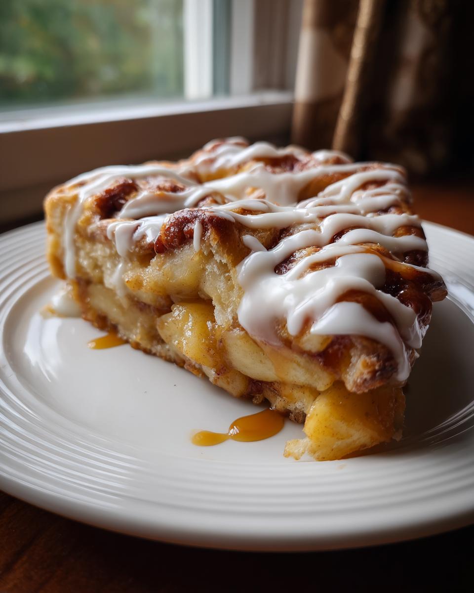 A decadent slice of cinnamon roll apple pie topped with white icing, served on a white plate.