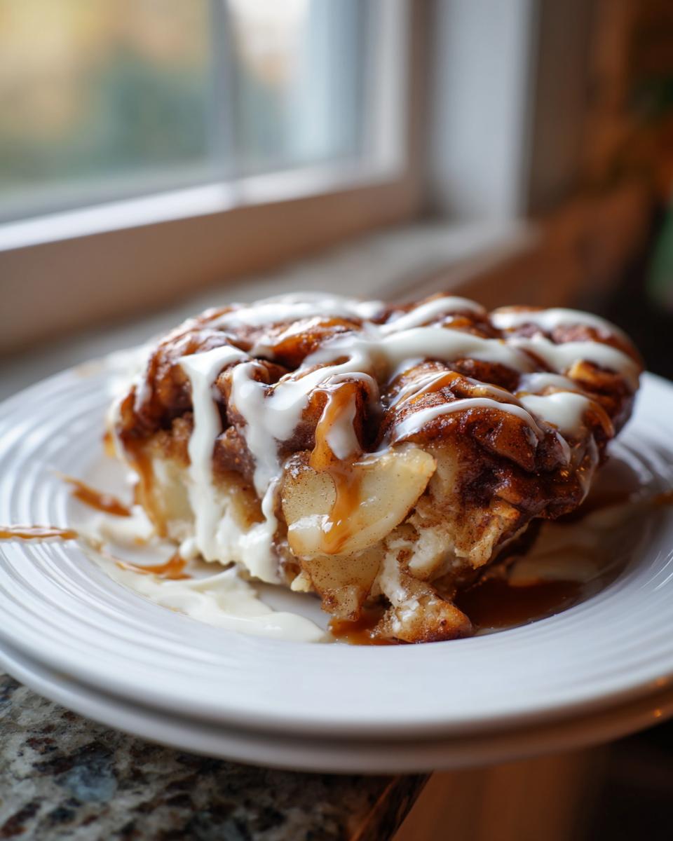 A decadent serving of cinnamon roll apple pie drizzled with white icing and caramel sauce on a white plate.