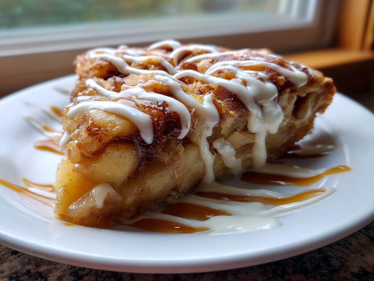 A generous slice of cinnamon roll apple pie topped with thick white icing and caramel sauce.