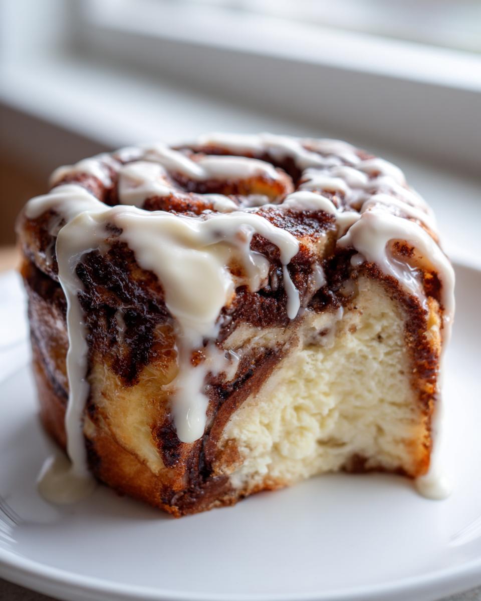 A close-up of a single serving of cinnamon roll cheesecake, showing the swirled cinnamon filling and thick white icing dripping down the side.